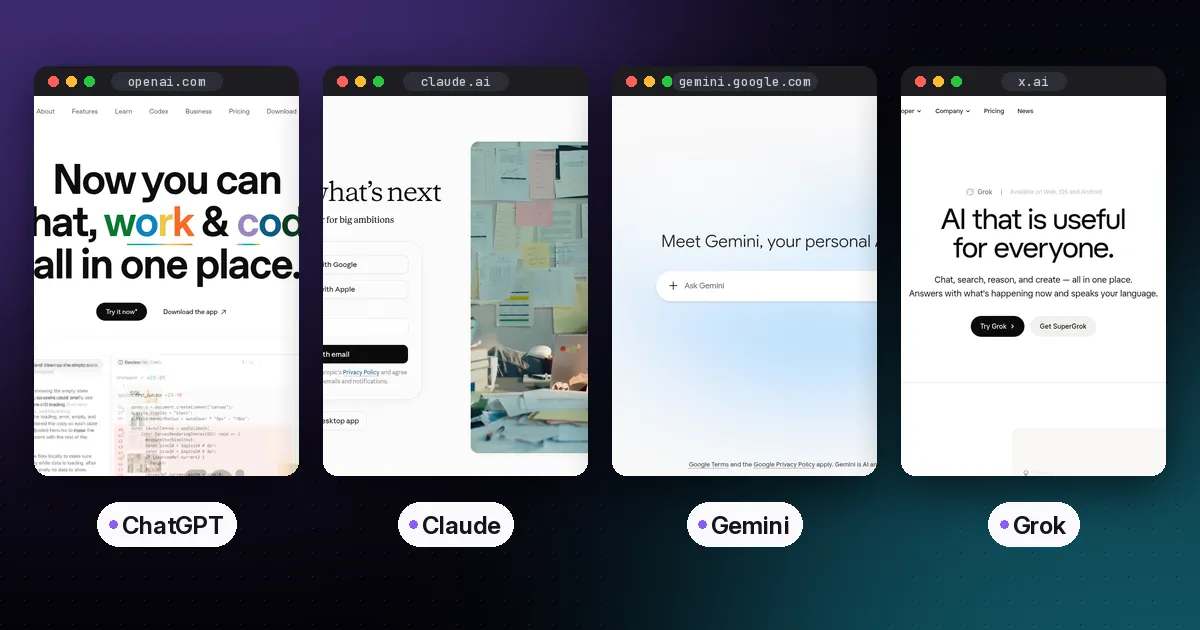 Side-by-side screenshots of the ChatGPT, Claude, Gemini and Grok websites