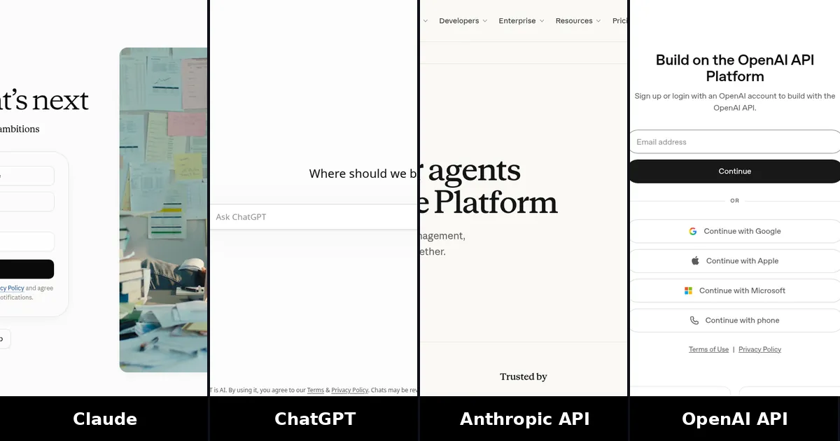 Screenshots of Claude, ChatGPT, Anthropic API, OpenAI API
