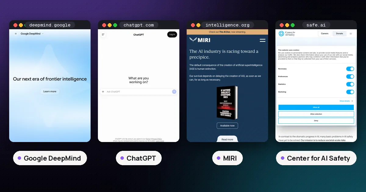 Screenshots of Google DeepMind, ChatGPT, MIRI, Center for AI Safety